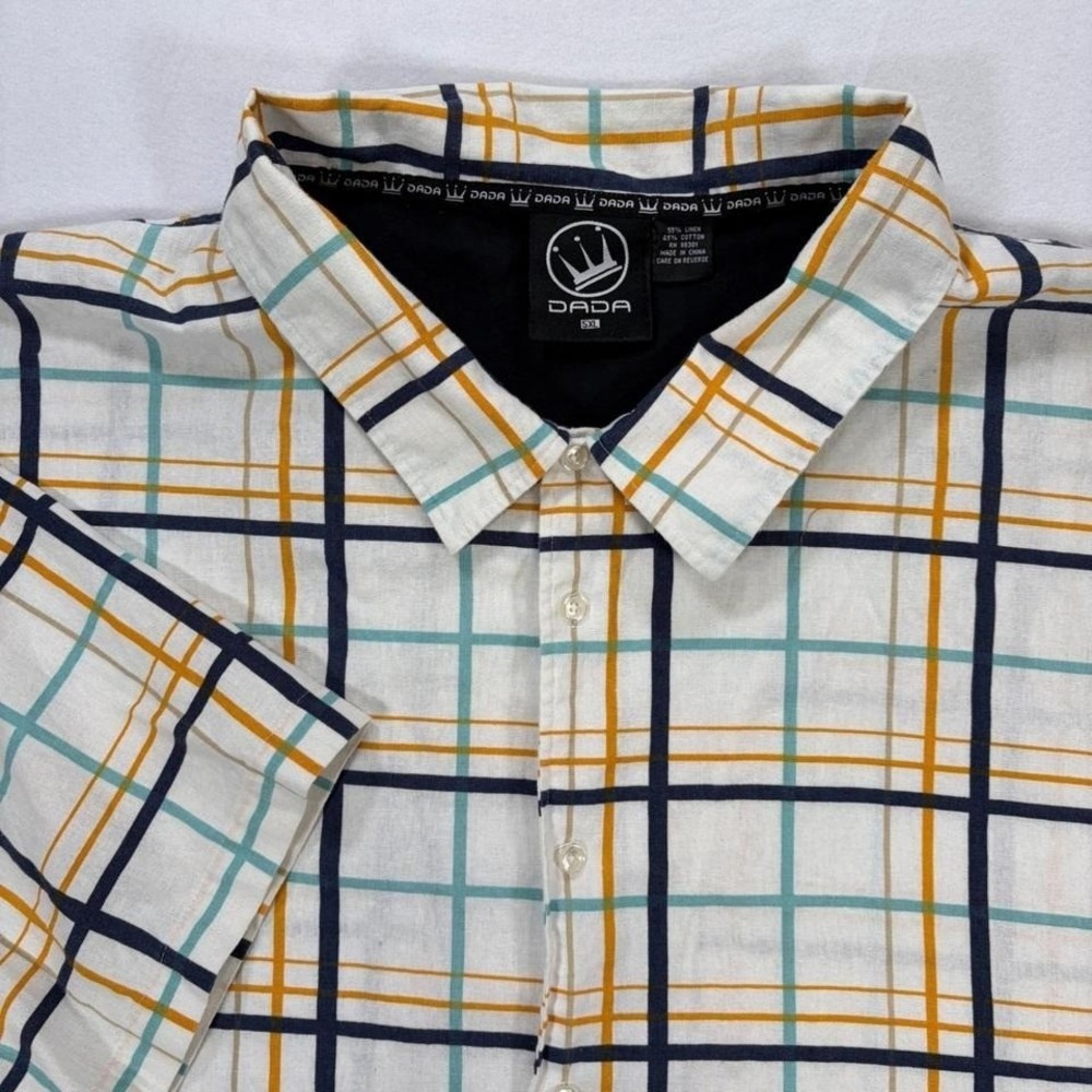 Dada Mens 5XL Linen Plaid Button Up Shirt Short Sleeve Y2K Hip Hop Navy
